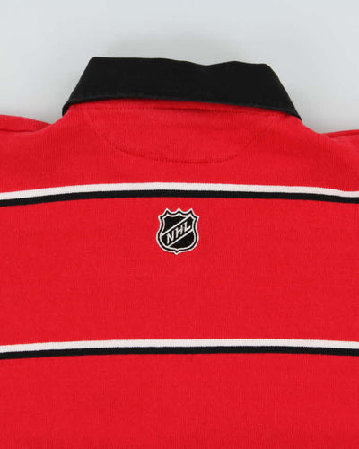Vintage 90s Rugby Wear Calgary Flames NHL Red & Black Striped Long Sleeve Polo Shirt - L
