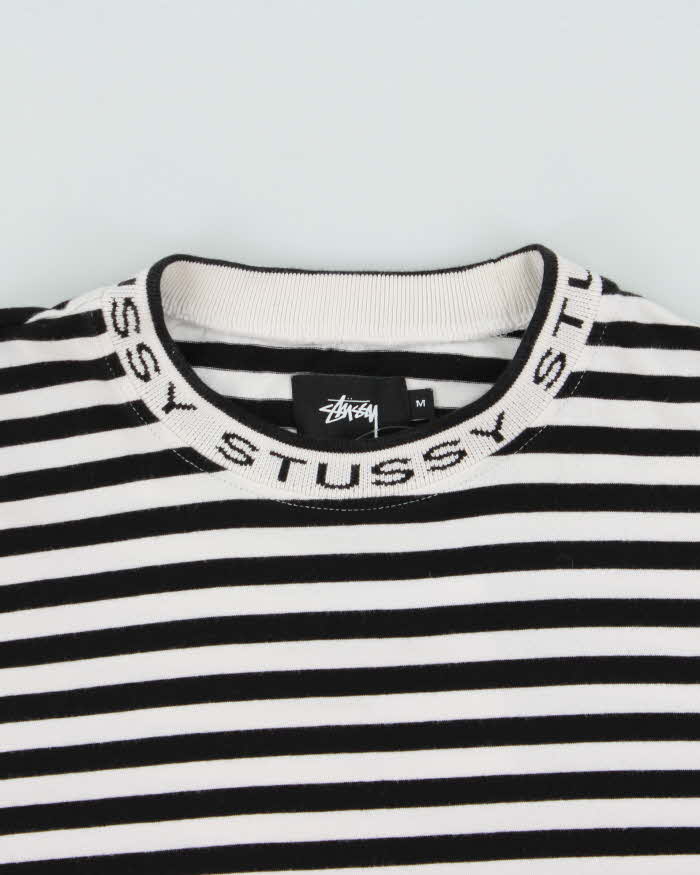 Stussy Black &amp; White Striped Jacquard Logo Long Sleeve T-Shirt - M
