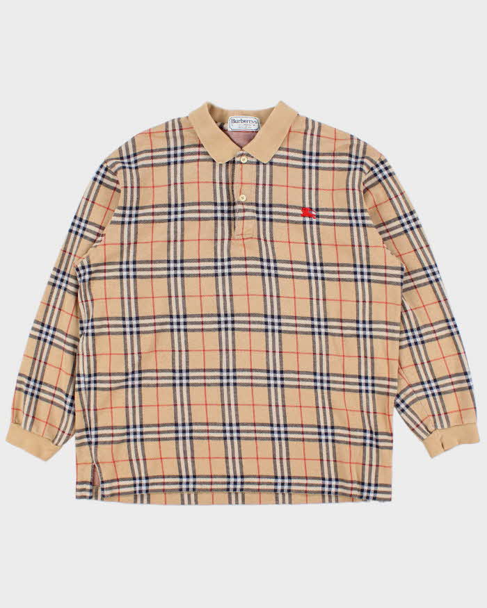 Vintage 1980s Burberry Nova-Check Long Sleeve Polo Shirt - L
