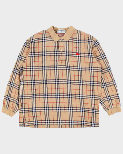 Vintage 1980s Burberry Nova-Check Long Sleeve Polo Shirt - L