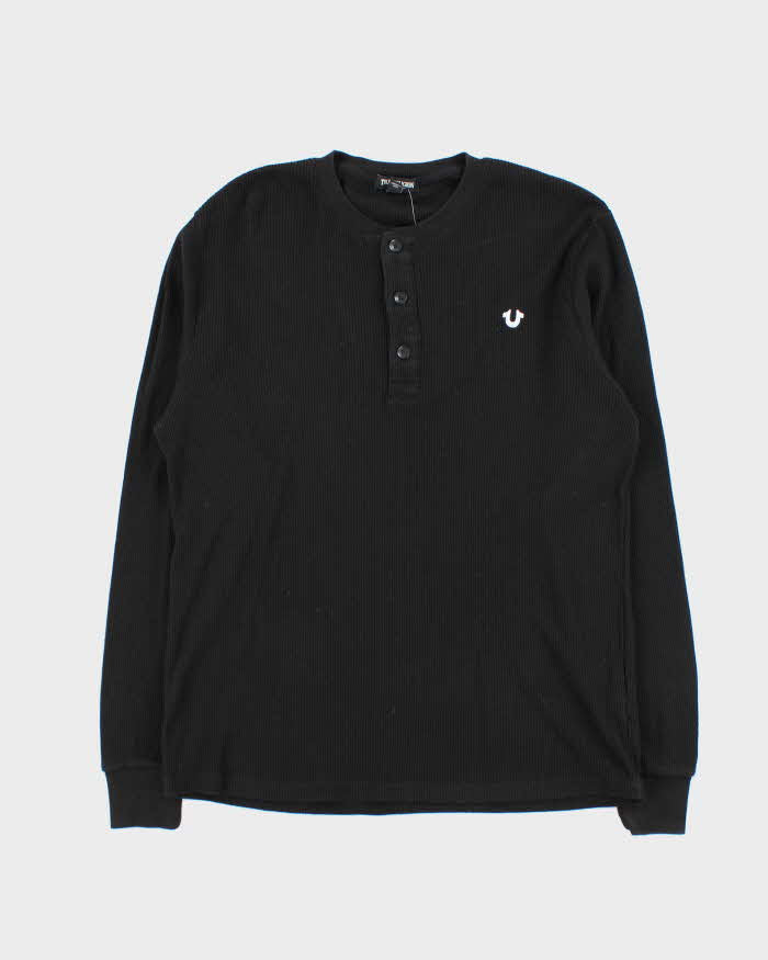 True Religion Black Waffle Knit Long Sleeve Henley T-Shirt - M