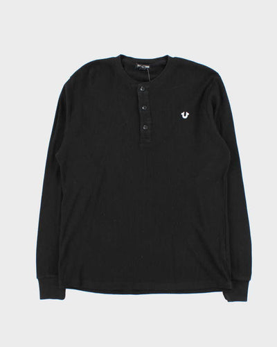 True Religion Black Waffle Knit Long Sleeve Henley T-Shirt - M