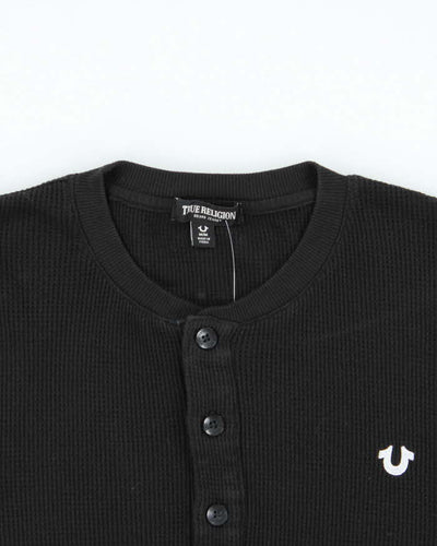 True Religion Black Waffle Knit Long Sleeve Henley T-Shirt - M