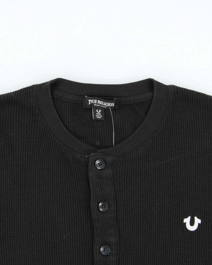 True Religion Black Waffle Knit Long Sleeve Henley T-Shirt - M