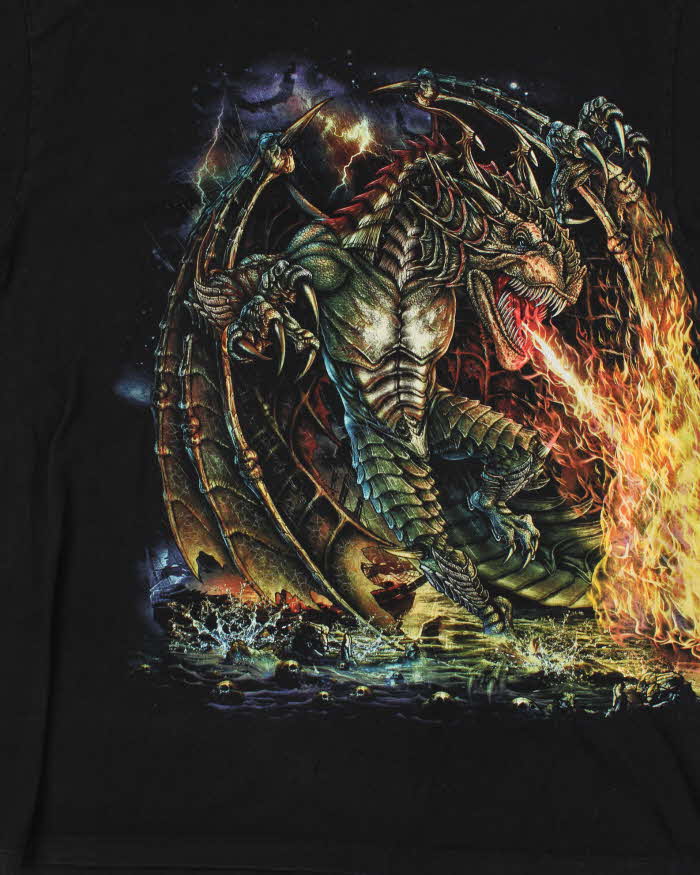 Vintage 90s Dragon Graphic Black Crewneck T-Shirt - XL