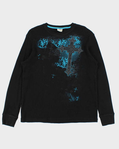 Vintage Y2K 00s Gothic Print Long Sleeve Waffle Knit T-Shirt - L