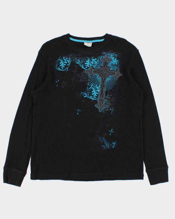 Vintage Y2K 00s Gothic Print Long Sleeve Waffle Knit T-Shirt - L