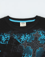 Vintage Y2K 00s Gothic Print Long Sleeve Waffle Knit T-Shirt - L