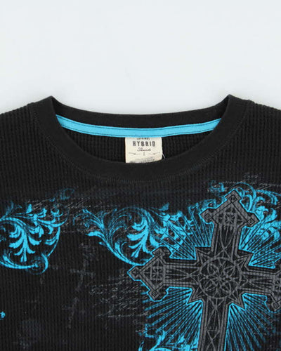Vintage Y2K 00s Gothic Print Long Sleeve Waffle Knit T-Shirt - L