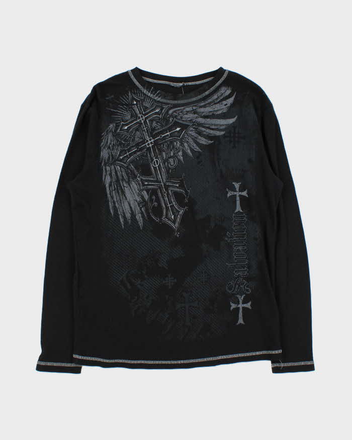 Vintage Y2K 00s Gothic Long Sleeve Waffle Knit T-Shirt - L
