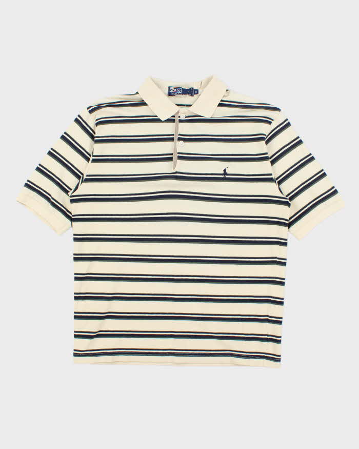 Vintage 1990s Polo Ralph Lauren Cream Striped Short Sleeve Polo Shirt - M