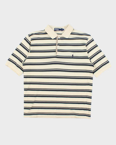 Vintage 1990s Polo Ralph Lauren Cream Striped Short Sleeve Polo Shirt - M