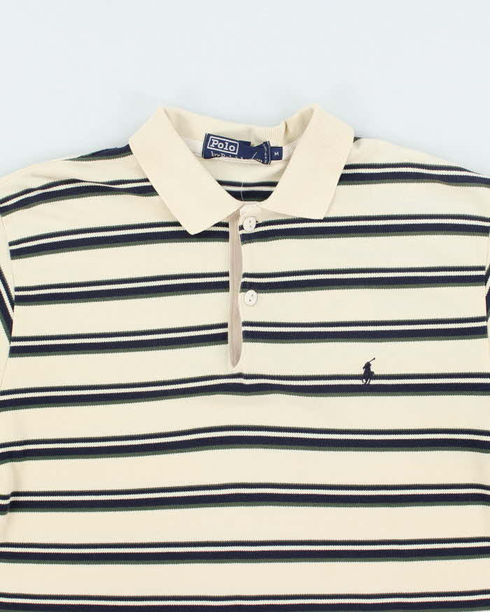 Vintage 1990s Polo Ralph Lauren Cream Striped Short Sleeve Polo Shirt - M