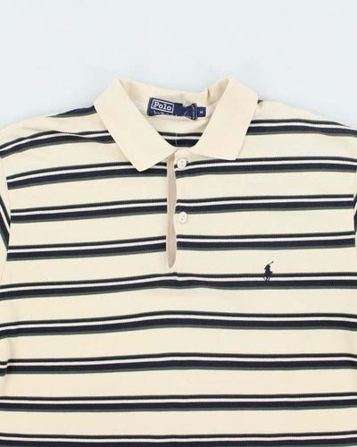 Vintage 1990s Polo Ralph Lauren Cream Striped Short Sleeve Polo Shirt - M