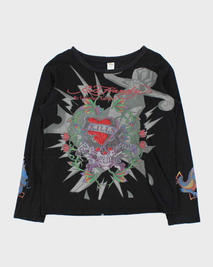 Vintage Y2K 00s Ed Hardy Rhinestone Graphic Long Sleeve T-Shirt - M