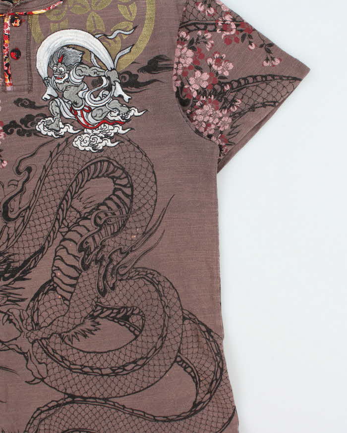 Vintage Y2K 00s B&amp;T Sukajan Japan Embroidered Henley T-Shirt - L