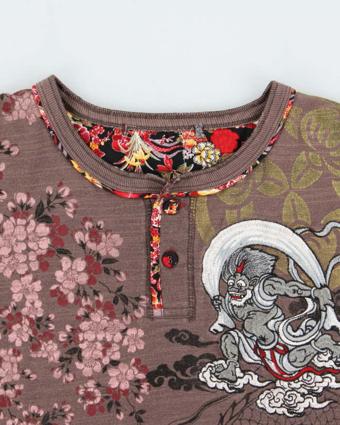 Vintage Y2K 00s B&amp;T Sukajan Japan Embroidered Henley T-Shirt - L