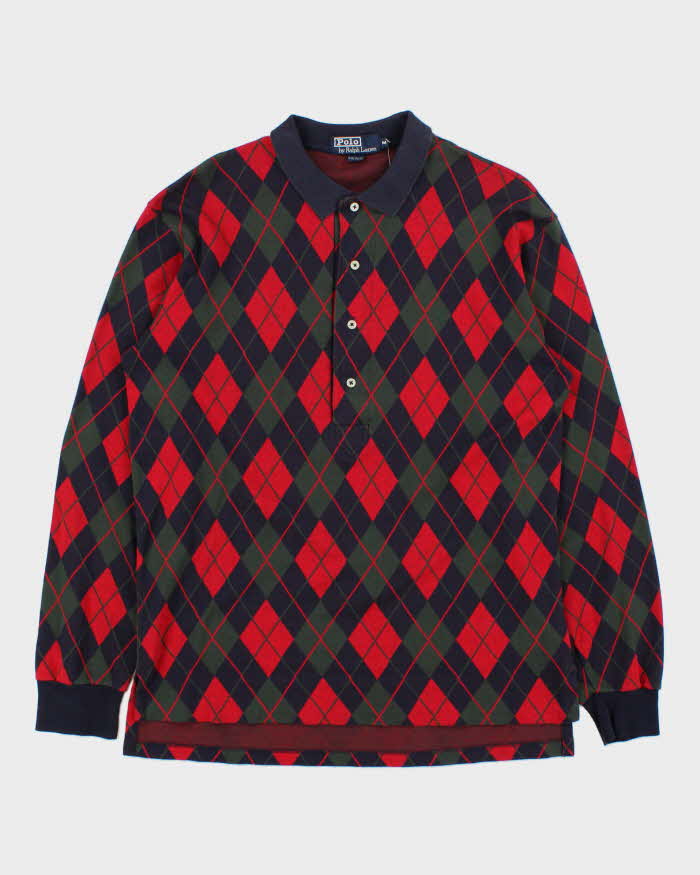 Vintage 1990s Polo Ralph Lauren Argyle Print Long Sleeve Polo Shirt - M