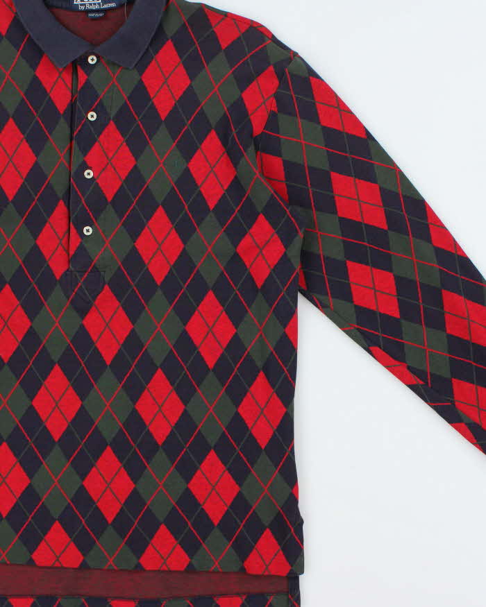 Vintage 1990s Polo Ralph Lauren Argyle Print Long Sleeve Polo Shirt - M