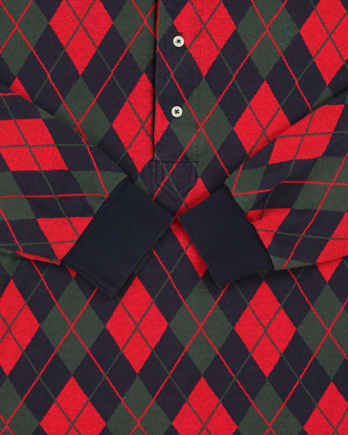 Vintage 1990s Polo Ralph Lauren Argyle Print Long Sleeve Polo Shirt - M