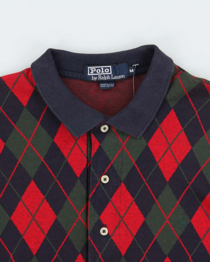 Vintage 1990s Polo Ralph Lauren Argyle Print Long Sleeve Polo Shirt - M