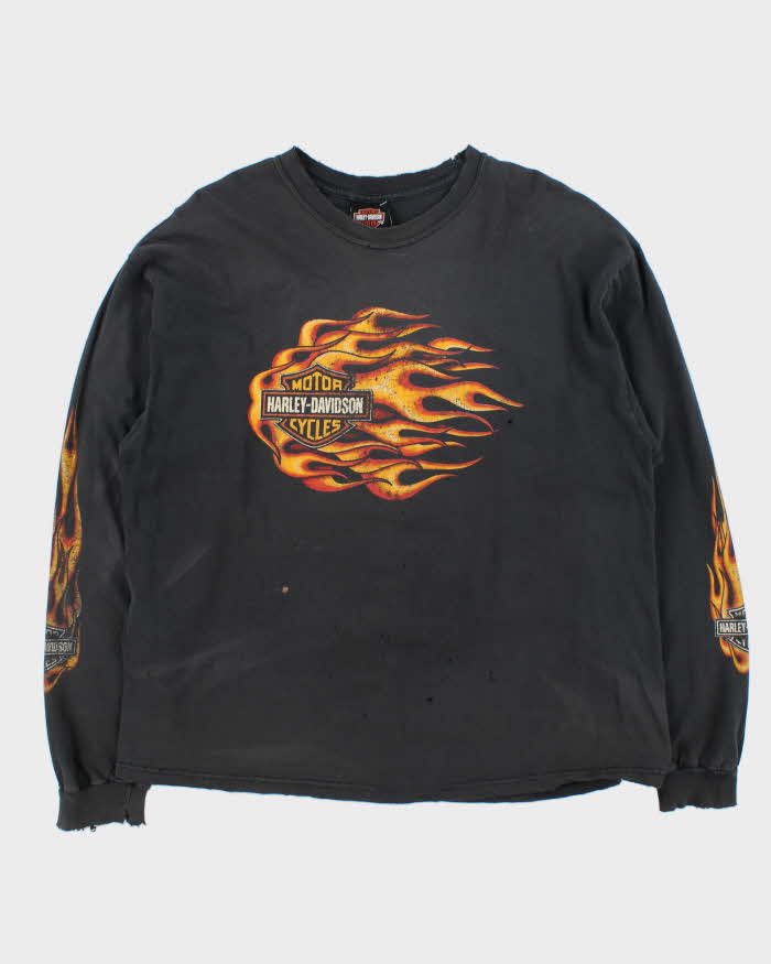 Vintage Y2K 00s Harley Davidson Trev Deeley Faded Flame Distressed Long Sleeve Crewneck T-Shirt - XL