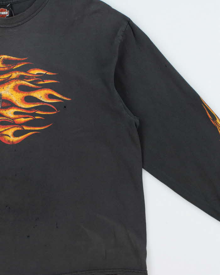 Vintage Y2K 00s Harley Davidson Trev Deeley Faded Flame Distressed Long Sleeve Crewneck T-Shirt - XL