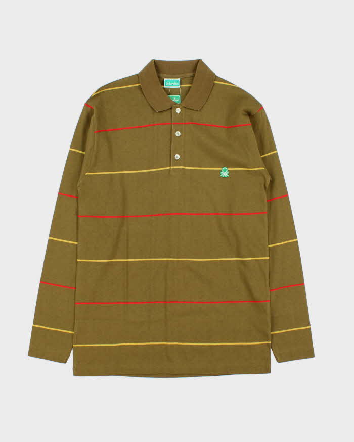 DSWT Vintage 1980s Benetton Khaki Striped Tennis Long Sleeve Polo Shirt - S