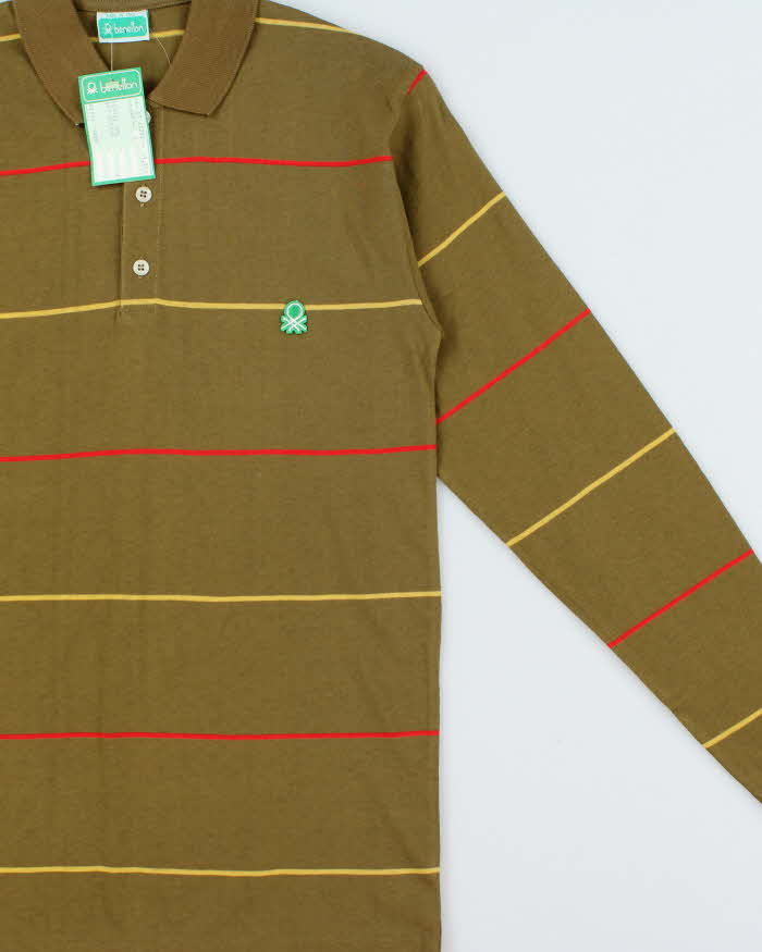 DSWT Vintage 1980s Benetton Khaki Striped Tennis Long Sleeve Polo Shirt - S
