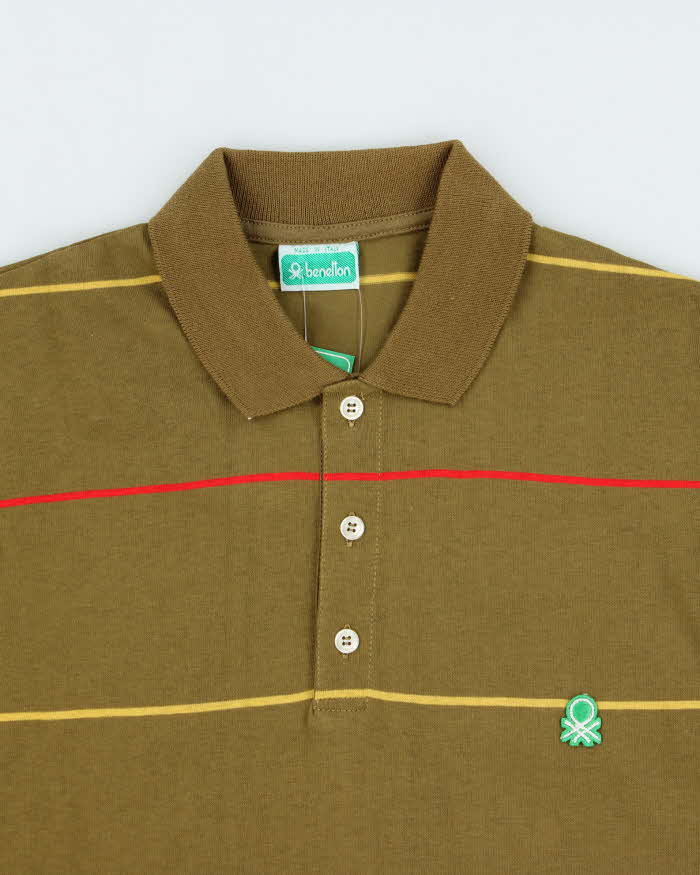 DSWT Vintage 1980s Benetton Khaki Striped Tennis Long Sleeve Polo Shirt - S