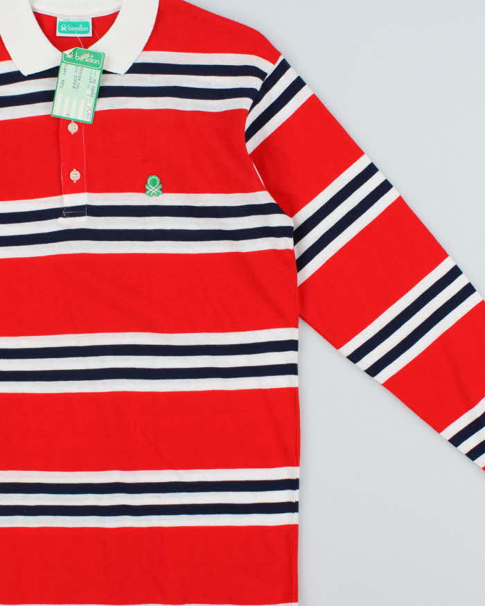DSWT Vintage 1980s Benetton Striped Long Sleeve Tennis Polo Shirt - M