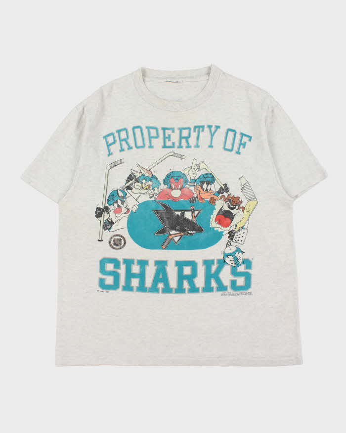 Vintage 1991 NHL x Looney Tunes San Jose Sharks Grey Marl Single Stitch Made In USA Crewneck T-Shirt - L