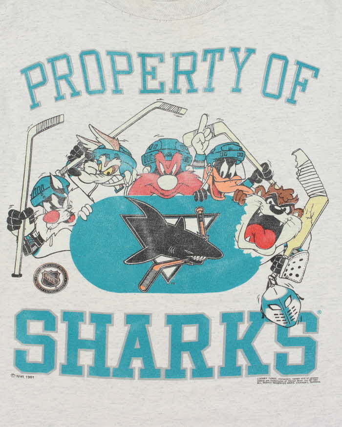 Vintage 1991 NHL x Looney Tunes San Jose Sharks Grey Marl Single Stitch Made In USA Crewneck T-Shirt - L