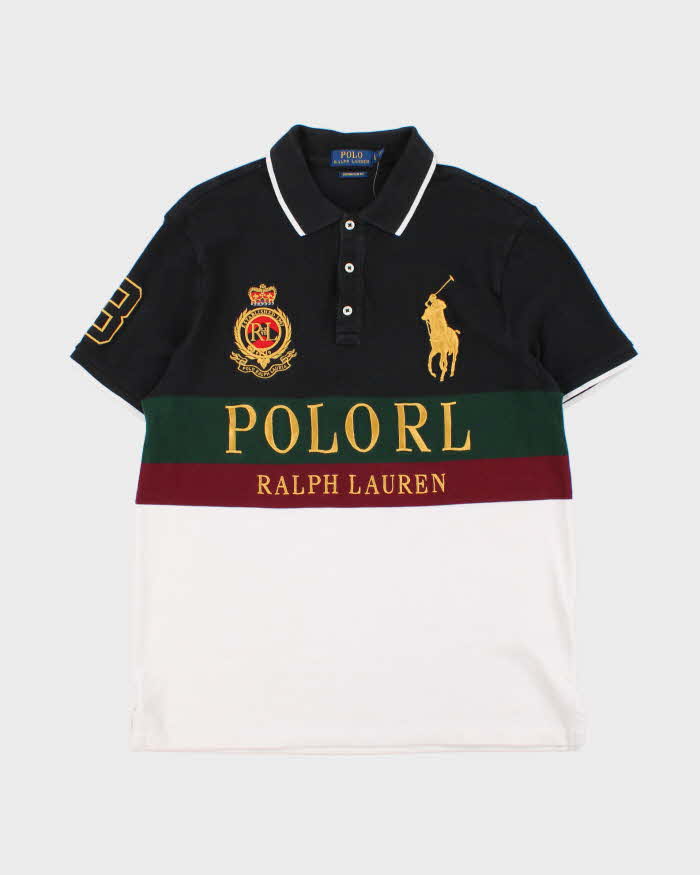 Vintage Polo Ralph Lauren Large Pony Tri-Colour Custom Slim Fit Short Sleeve Polo Shirt - L