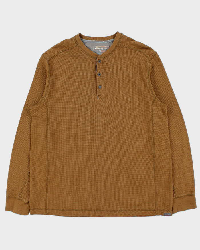 Vintage Eddie Bauer Heavyweight Tan Long Sleeve Henley Waffle T-Shirt - L