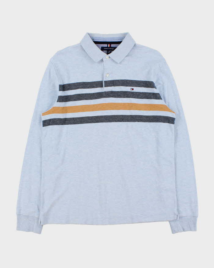 Vintage Tommy Hilfiger Striped Chambray Slim Fit Long Sleeve Polo Shirt - L