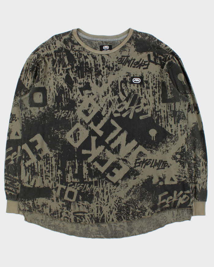 Vintage Y2K 00s Ecko UNLTD Khaki Graffiti Long Sleeve Waffle T-Shirt - XXL