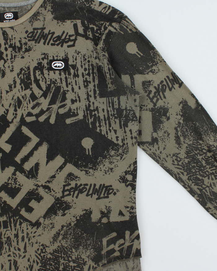 Vintage Y2K 00s Ecko UNLTD Khaki Graffiti Long Sleeve Waffle T-Shirt - XXL
