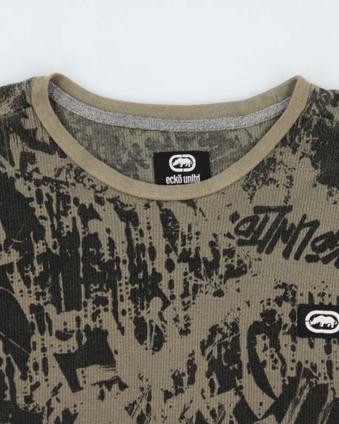 Vintage Y2K 00s Ecko UNLTD Khaki Graffiti Long Sleeve Waffle T-Shirt - XXL