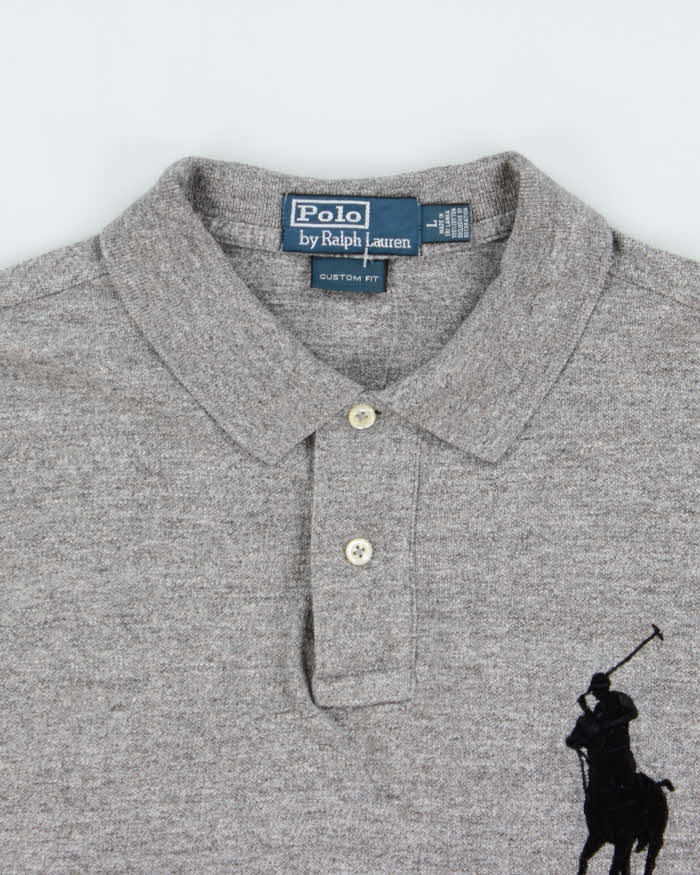 Vintage Y2K 00s Polo Ralph Lauren Grey Marl Large Pony Long Sleeve Polo Shirt - L
