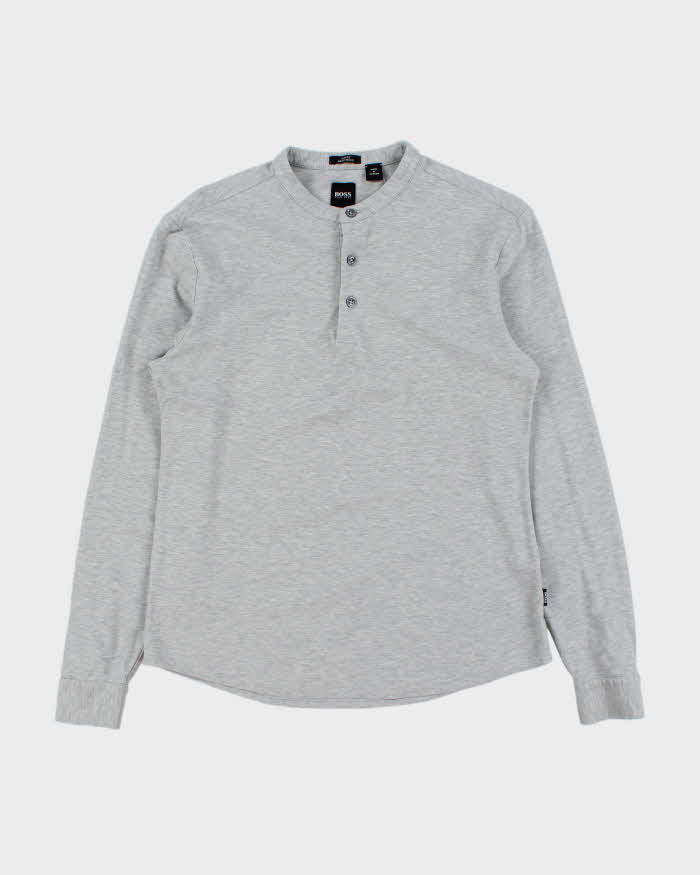 Vintage Hugo Boss Marl Grey Slim Fit Mercerised Long Sleeve Henley T-Shirt - S