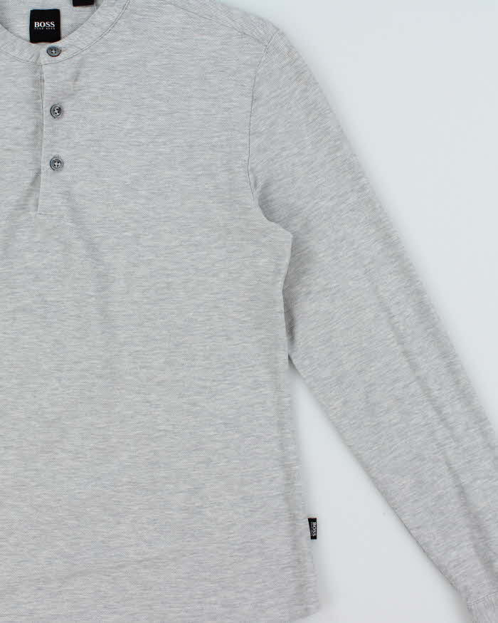Vintage Hugo Boss Marl Grey Slim Fit Mercerised Long Sleeve Henley T-Shirt - S