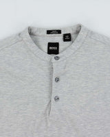 Vintage Hugo Boss Marl Grey Slim Fit Mercerised Long Sleeve Henley T-Shirt - S