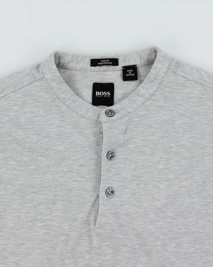 Vintage Hugo Boss Marl Grey Slim Fit Mercerised Long Sleeve Henley T-Shirt - S