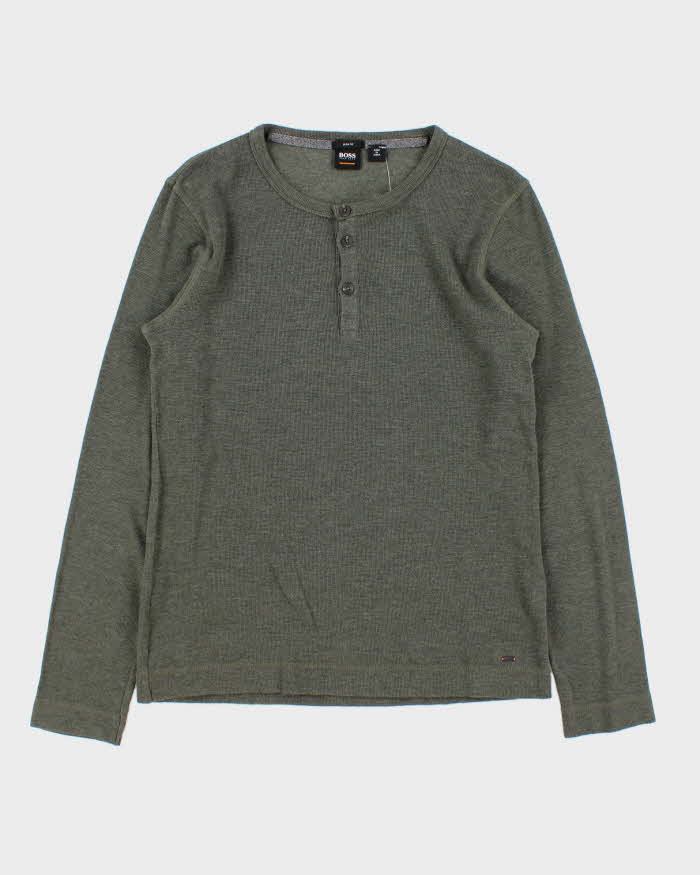 Vintage Hugo Boss Khaki Slim Fit Long Sleeve Henley Waffle T-Shirt - M