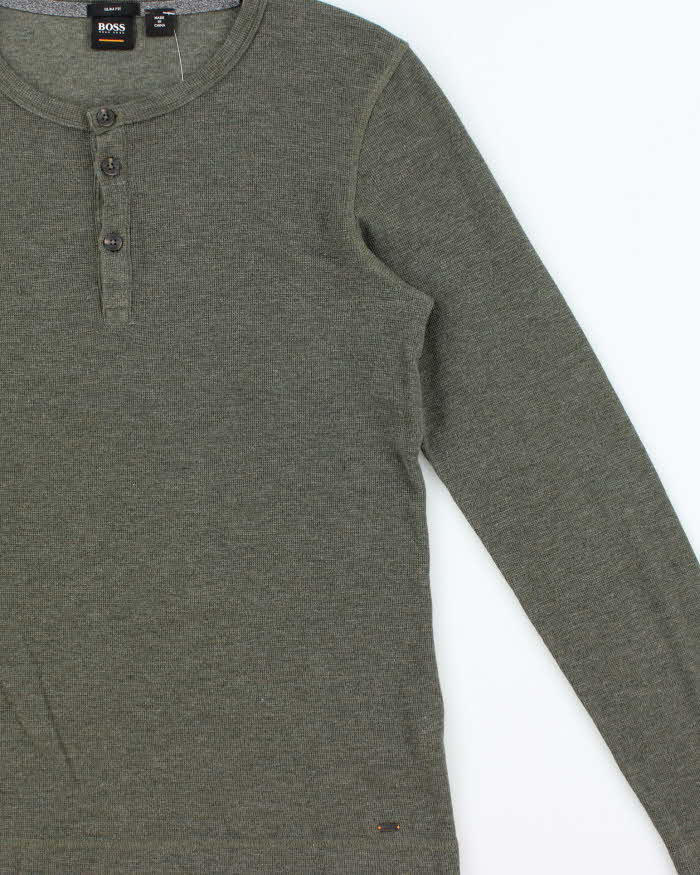 Vintage Hugo Boss Khaki Slim Fit Long Sleeve Henley Waffle T-Shirt - M