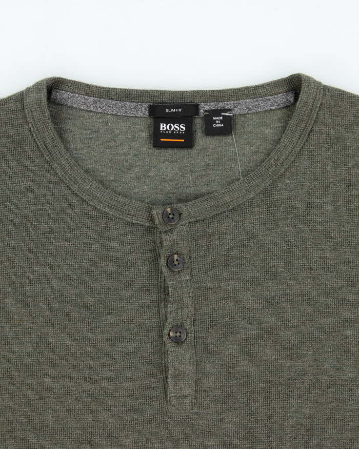 Vintage Hugo Boss Khaki Slim Fit Long Sleeve Henley Waffle T-Shirt - M