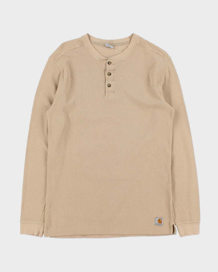 Vintage Carhartt Tan Heavyweight Long Sleeve Henley Waffle T-Shirt - M