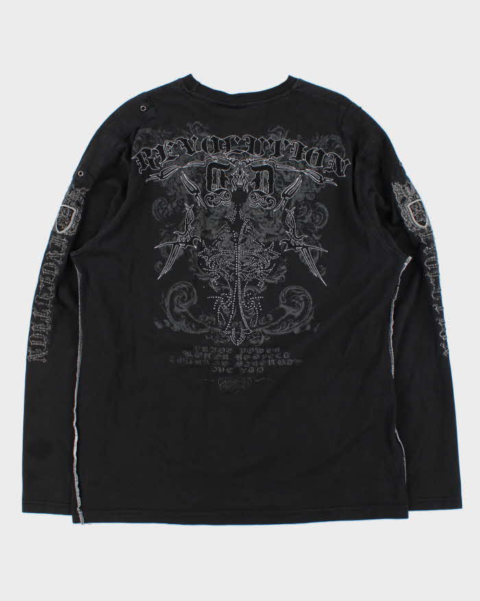 Vintage Y2K 00s Davoucci Gothic Contrast Stitch Heavyweight Embroidered Long Sleeve T-Shirt - XL