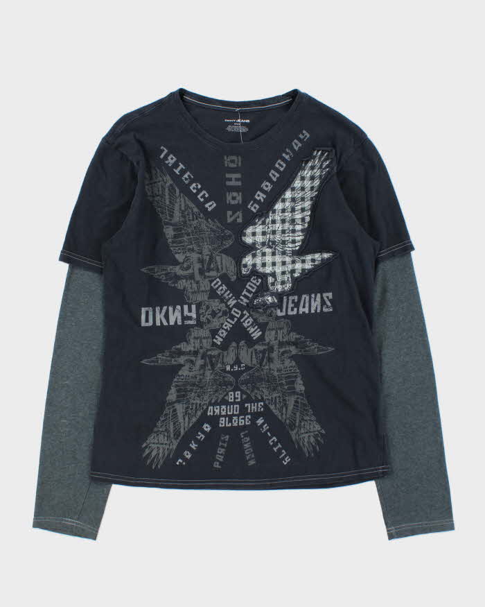 Vintage Y2K 00s DKNY Jeans Double Layer Graphic Long Sleeve T-Shirt - M